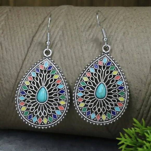 12 Pairs Turquoise Boho Tribal Geometric Earrings - Picture 4 of 12